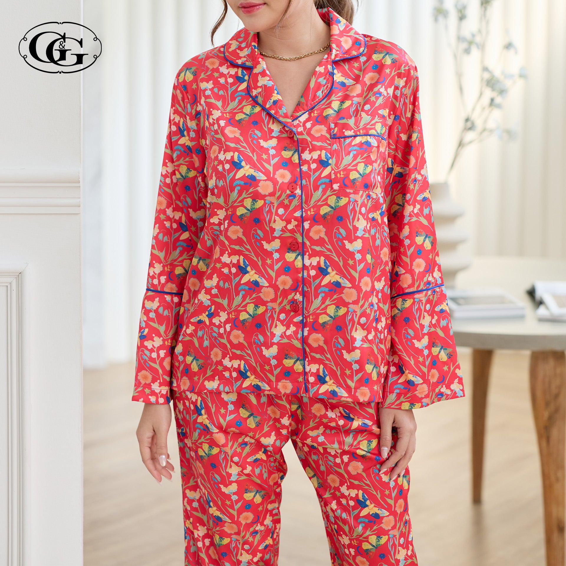 G&G - Pajama Set Long-Sleeve Collared Shirt and Long Pants Satin EN5S001 - OCC LIFE
