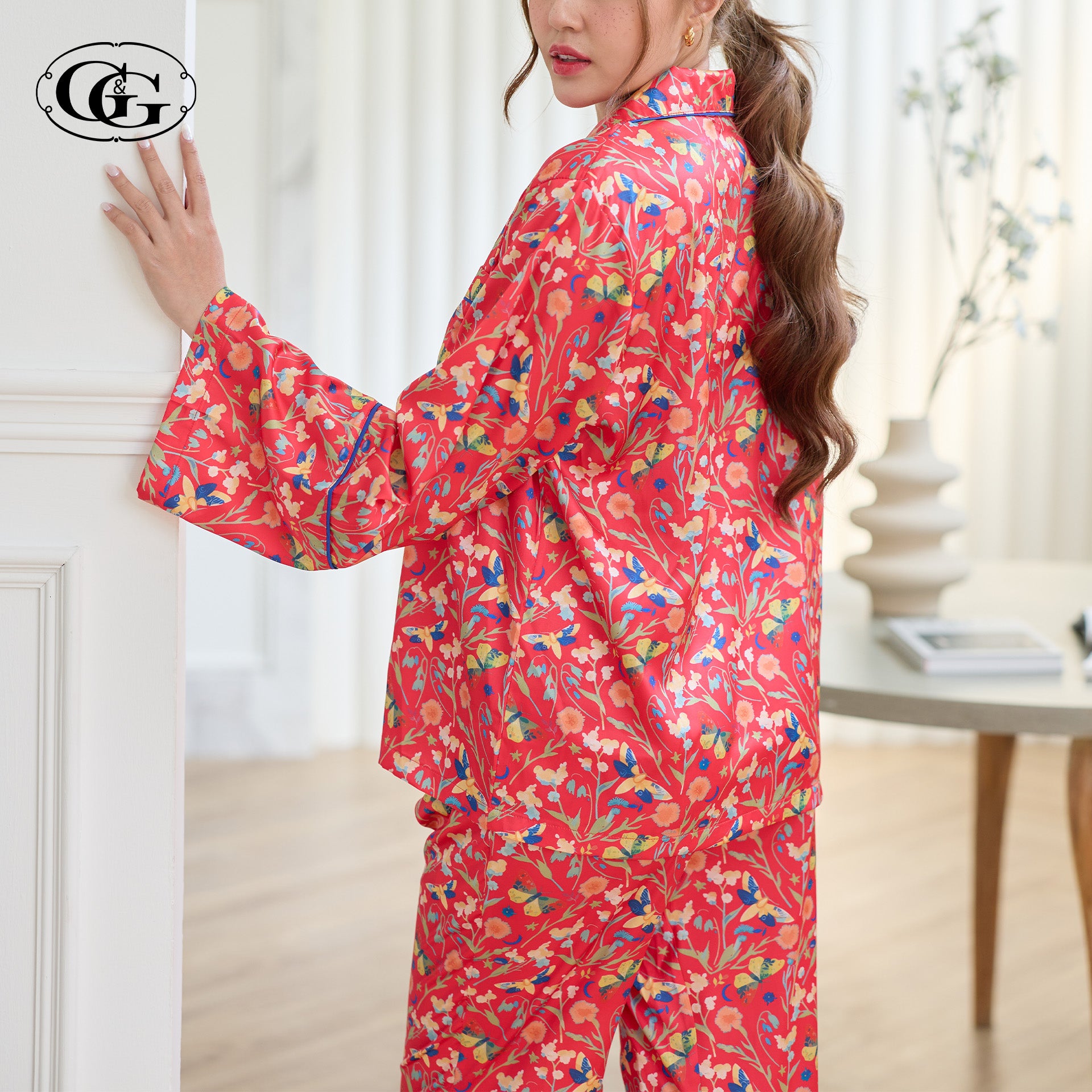 G&G - Pajama Set Long-Sleeve Collared Shirt and Long Pants Satin EN5S001 - OCC LIFE