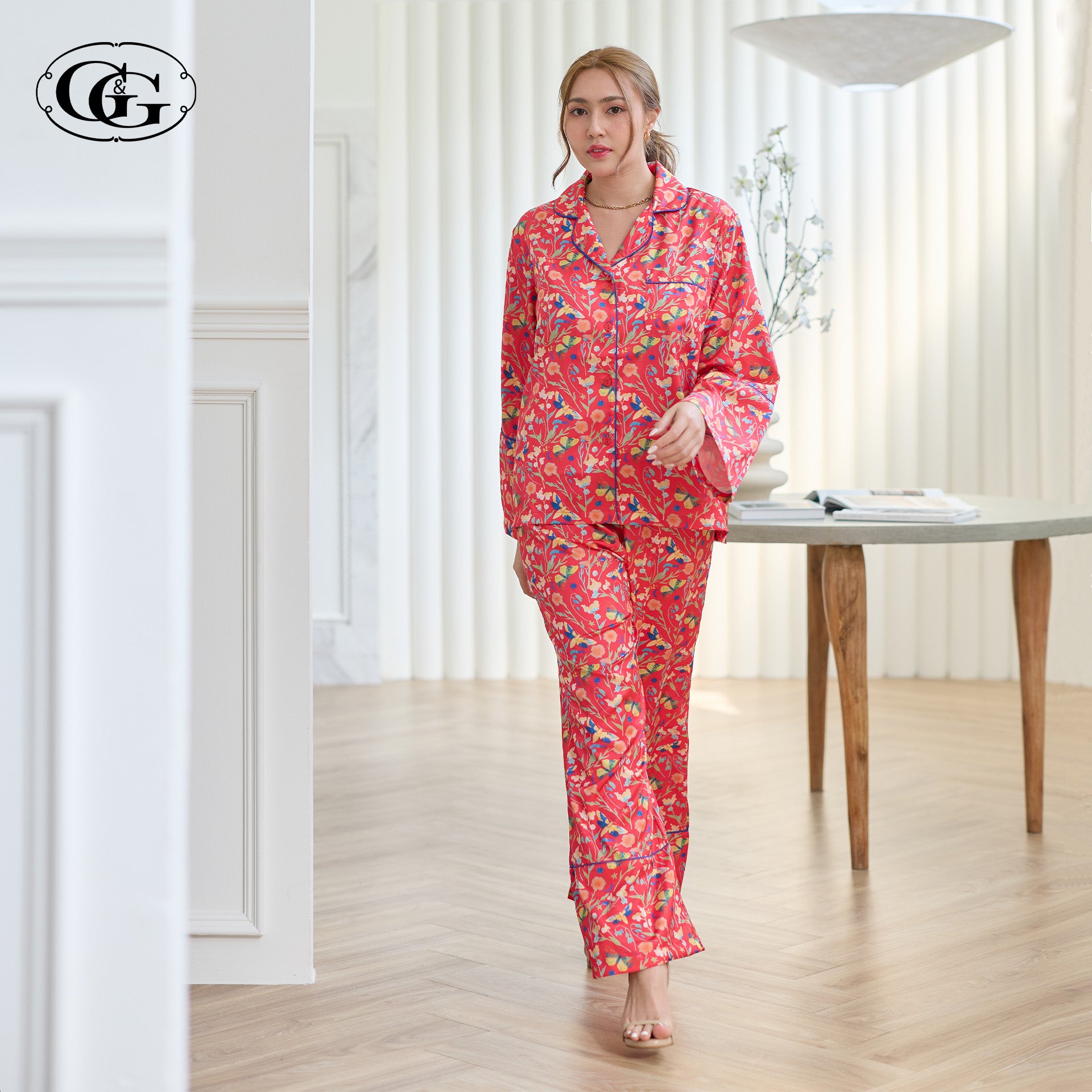 G&G - Pajama Set Long-Sleeve Collared Shirt and Long Pants Satin EN5S001 - OCC LIFE