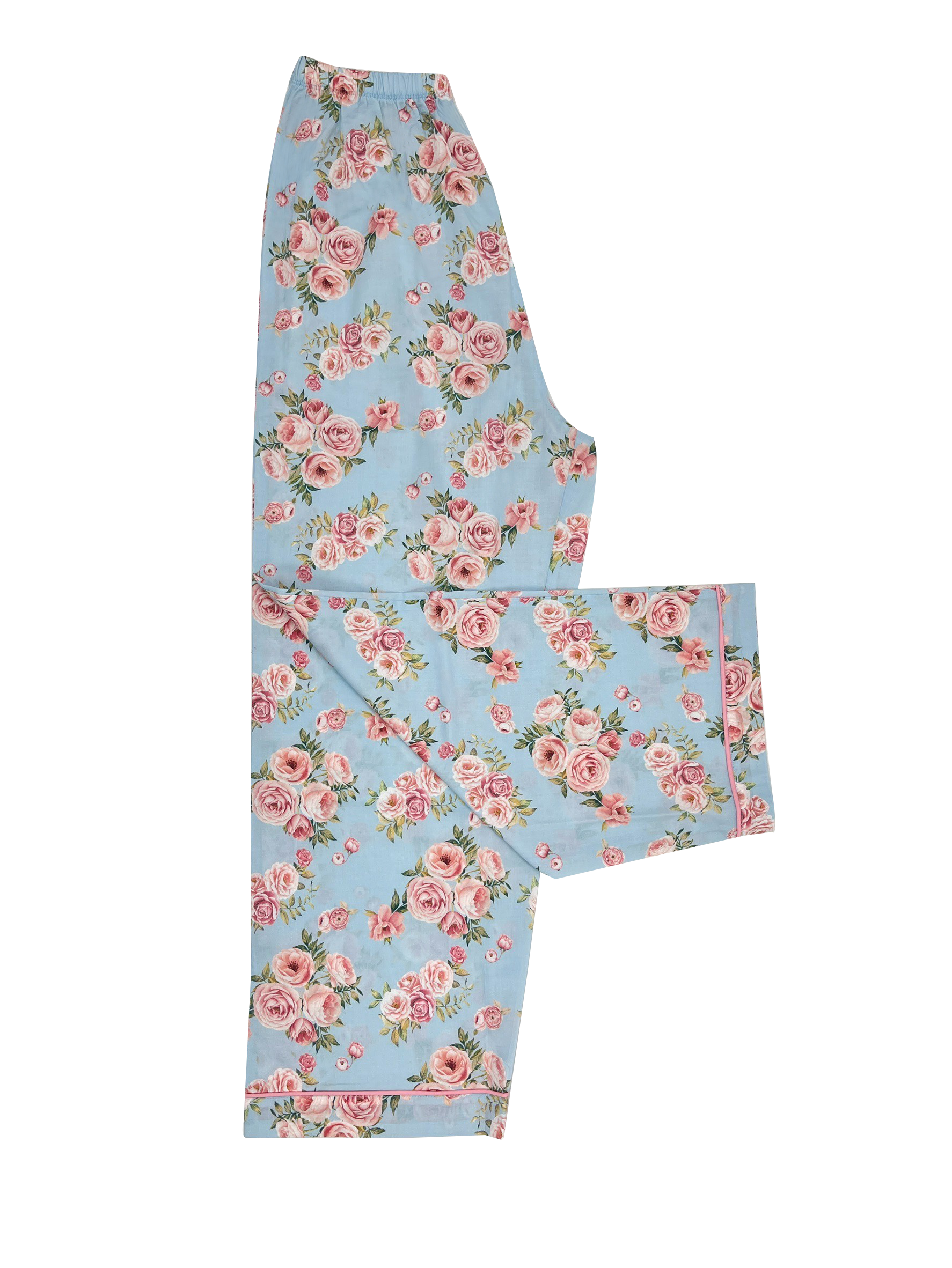 G&G - Pajama Set Short-Sleeve Collared Shirt and Long Pants Cotton Rose Print EN4C012 Light Blue (SX) - OCC LIFE