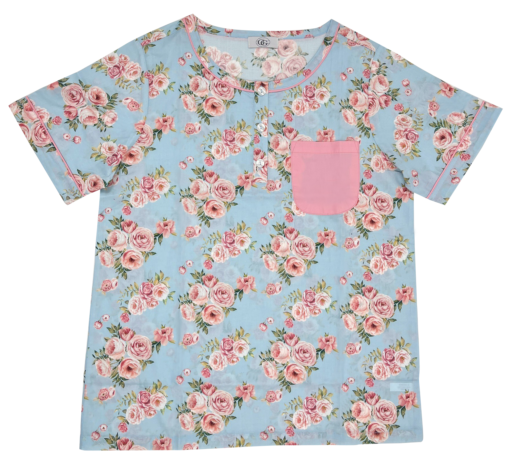 G&G - Pajama Set Short-Sleeve Collared Shirt and Three-Quarter Pants Cotton Rose Print EN3C005 Light Blue (SX) - OCC LIFE